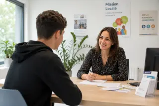Un jeune adulte échange avec une conseillère dans un bureau lumineux et accueillant, ambiance professionnelle et chaleureuse.