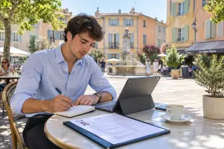 Jeune adulte travaillant à une table de café en terrasse dans une ville du sud de la France, utilisant une tablette avec un CV posé à côté, décor méditerranéen en arrière-plan et ambiance ensoleillée.