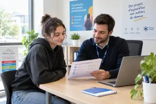 Jeune adulte accompagné par un conseiller lors d'un entretien dans un bureau moderne et lumineux, ambiance professionnelle et accueillante.