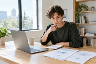 Young adult reflecting at a desk in a modern, sunlit home office, working on a laptop with business paperwork, creating a thoughtful and focused entrepreneurial mood.