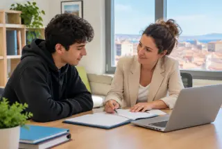 Un jeune adulte échange avec une conseillère dans un bureau d’accompagnement lumineux à Marseille.