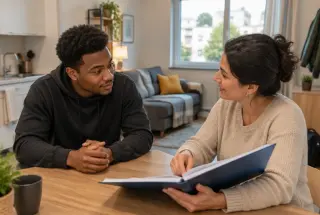Jeune adulte échangeant avec une conseillère sociale dans un studio meublé et lumineux.